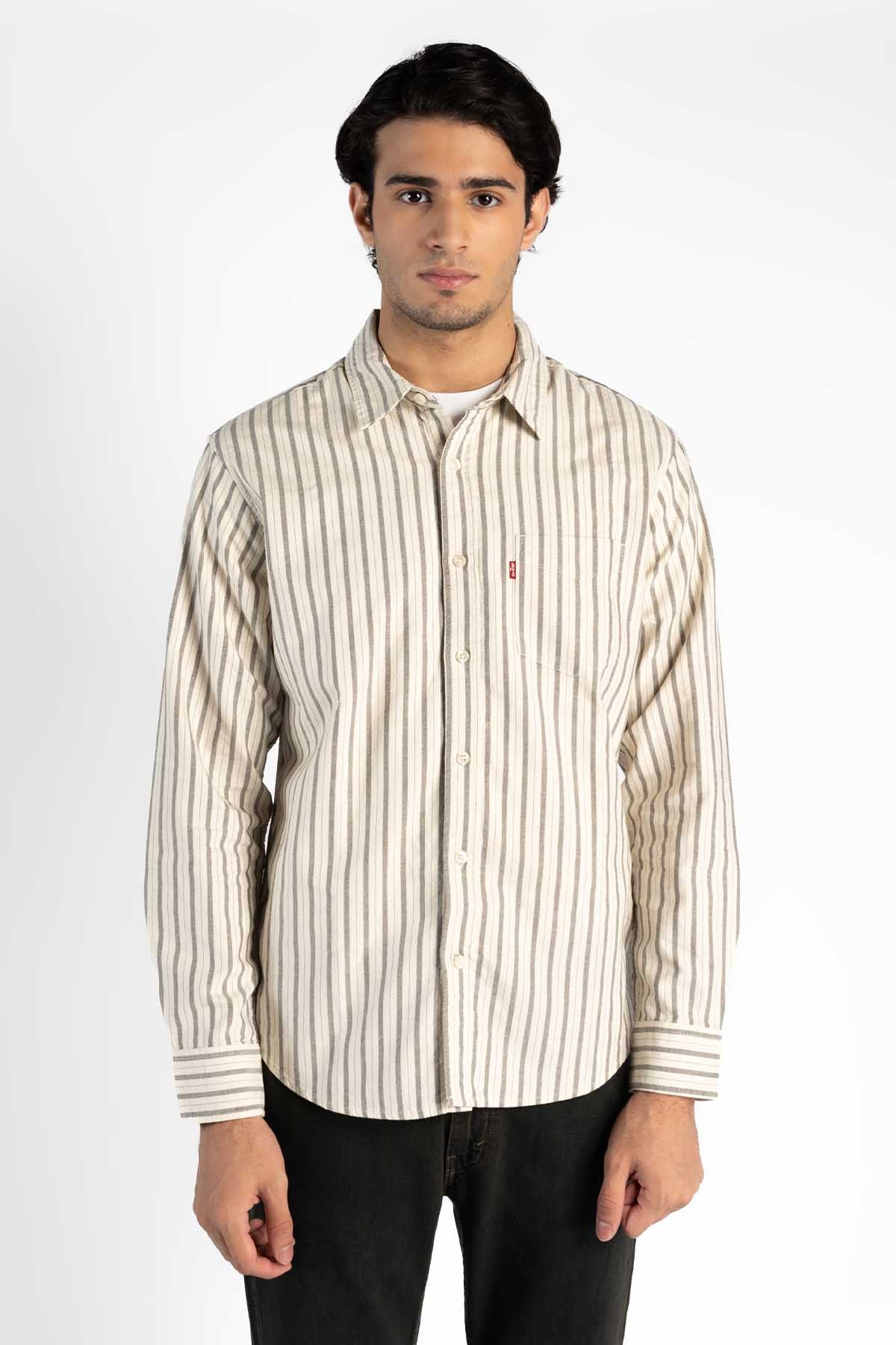 Levi's men's beige striped button-up shirt, long sleeves, button-front