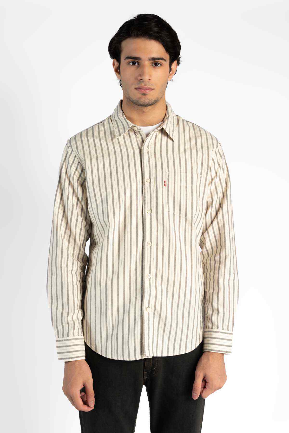 Levi's men's beige striped button-up shirt, long sleeves, button-front