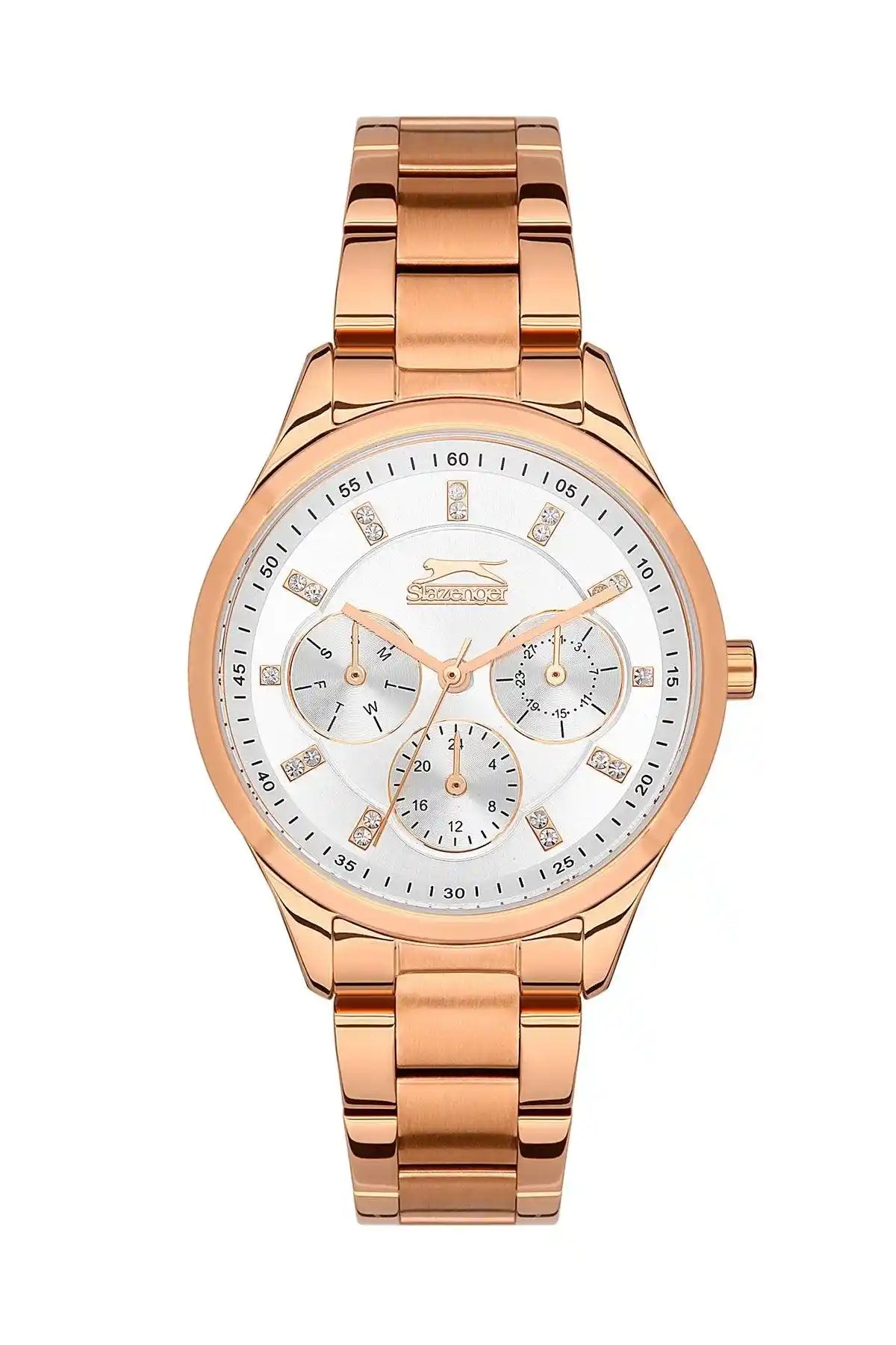 SLAZENGER rose gold metal analog watch with multi-dial face and bracelet band