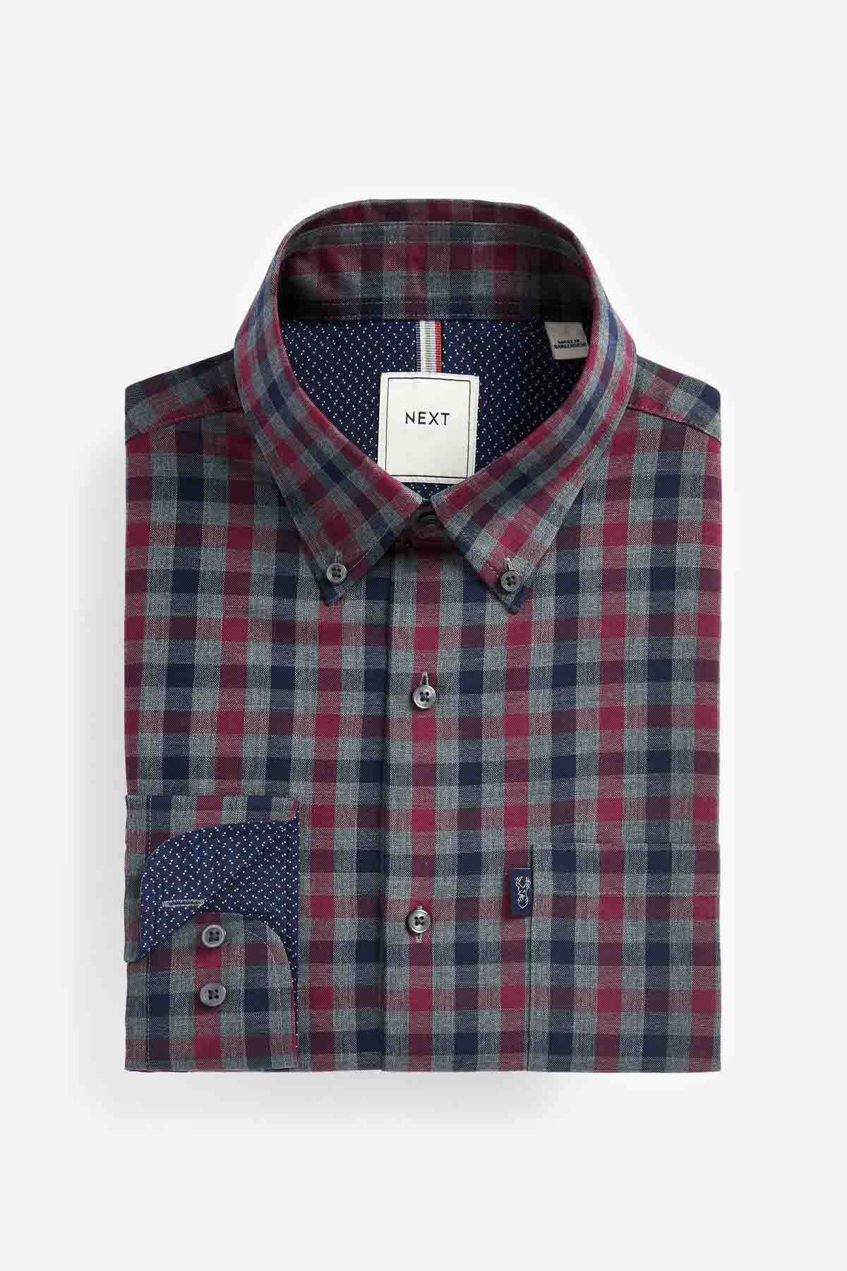 NEXT plaid dress shirt with dark buttons and fold-over collar