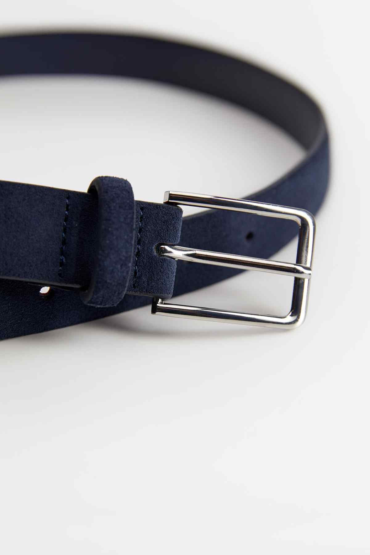 Blue leather belt with rectangular metal buckle and keeper