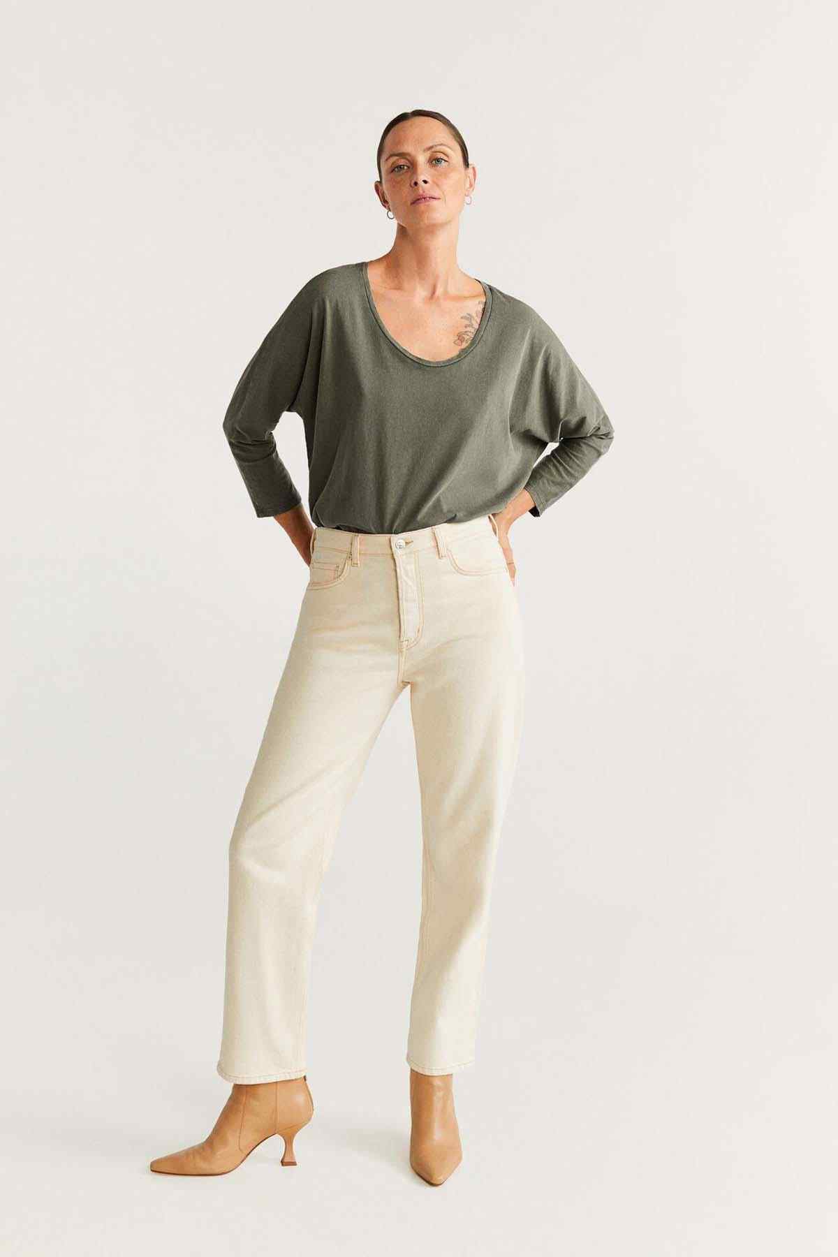 Olive green scoop-neck blouse with loose sleeves