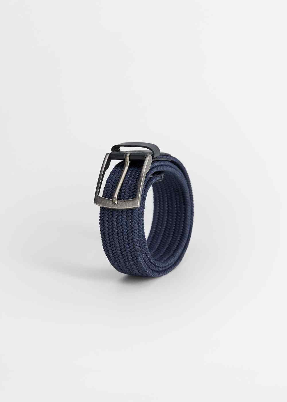 Night Blue woven belt with silver buckle and stitched leather details