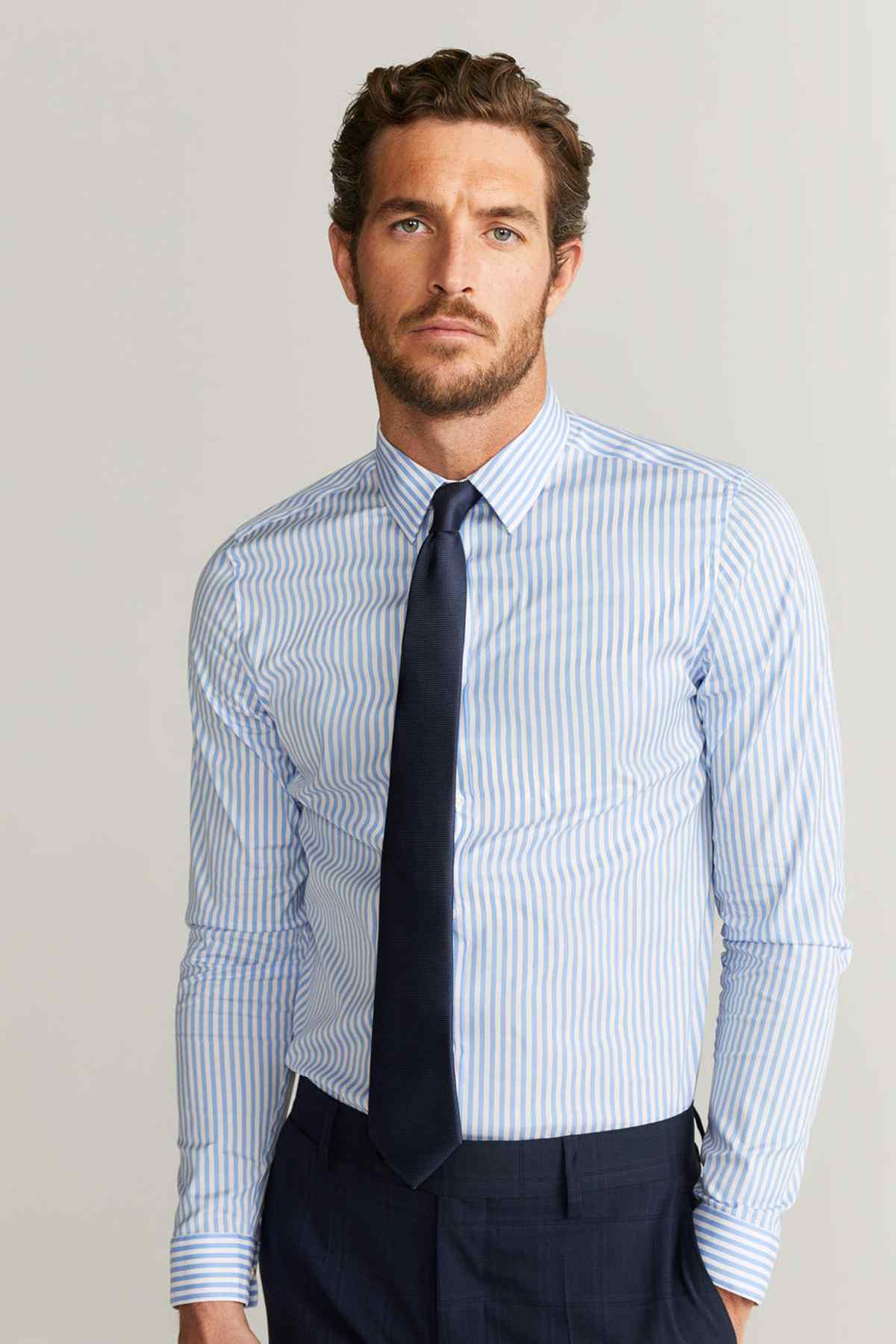 MANGO sky blue striped dress shirt with tie, button-down collar and long sleeves