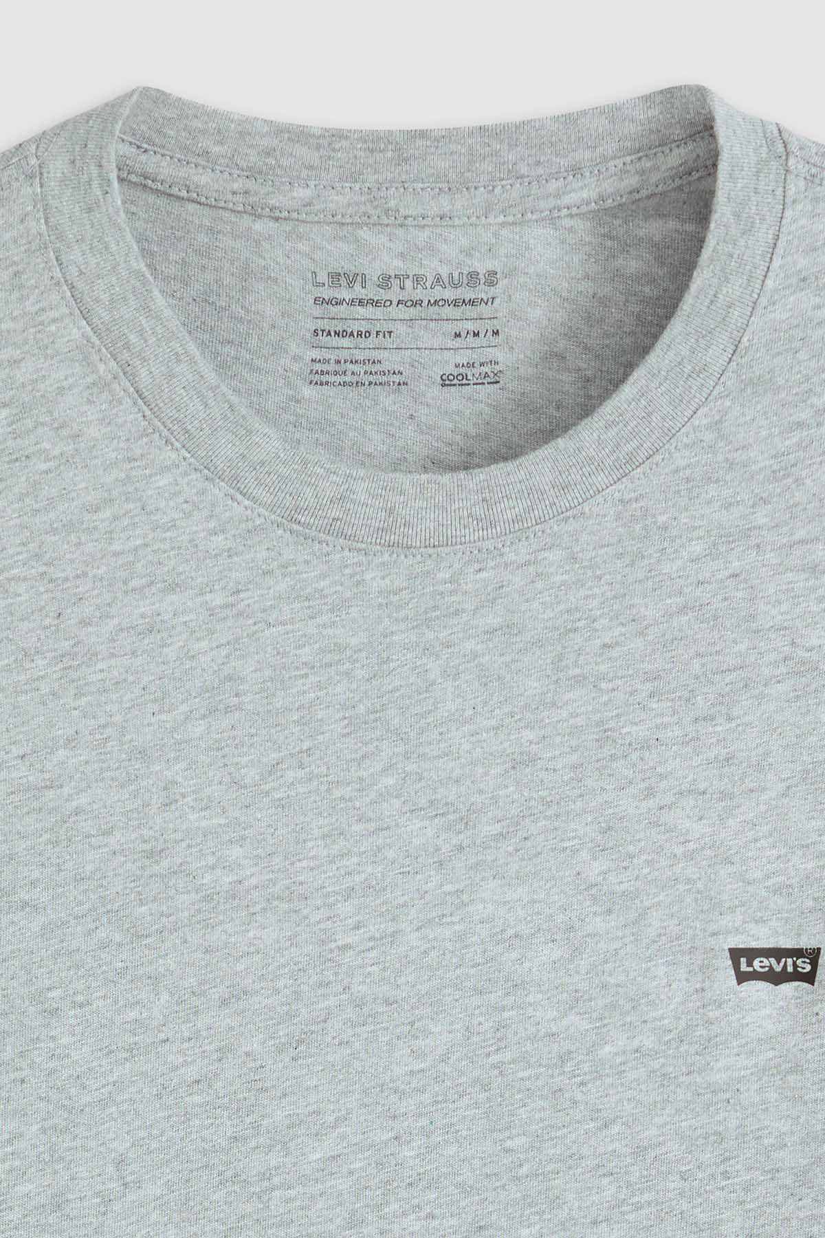 Levi's heather gray crewneck T-shirt closeup, printed neck label and chest logo tag