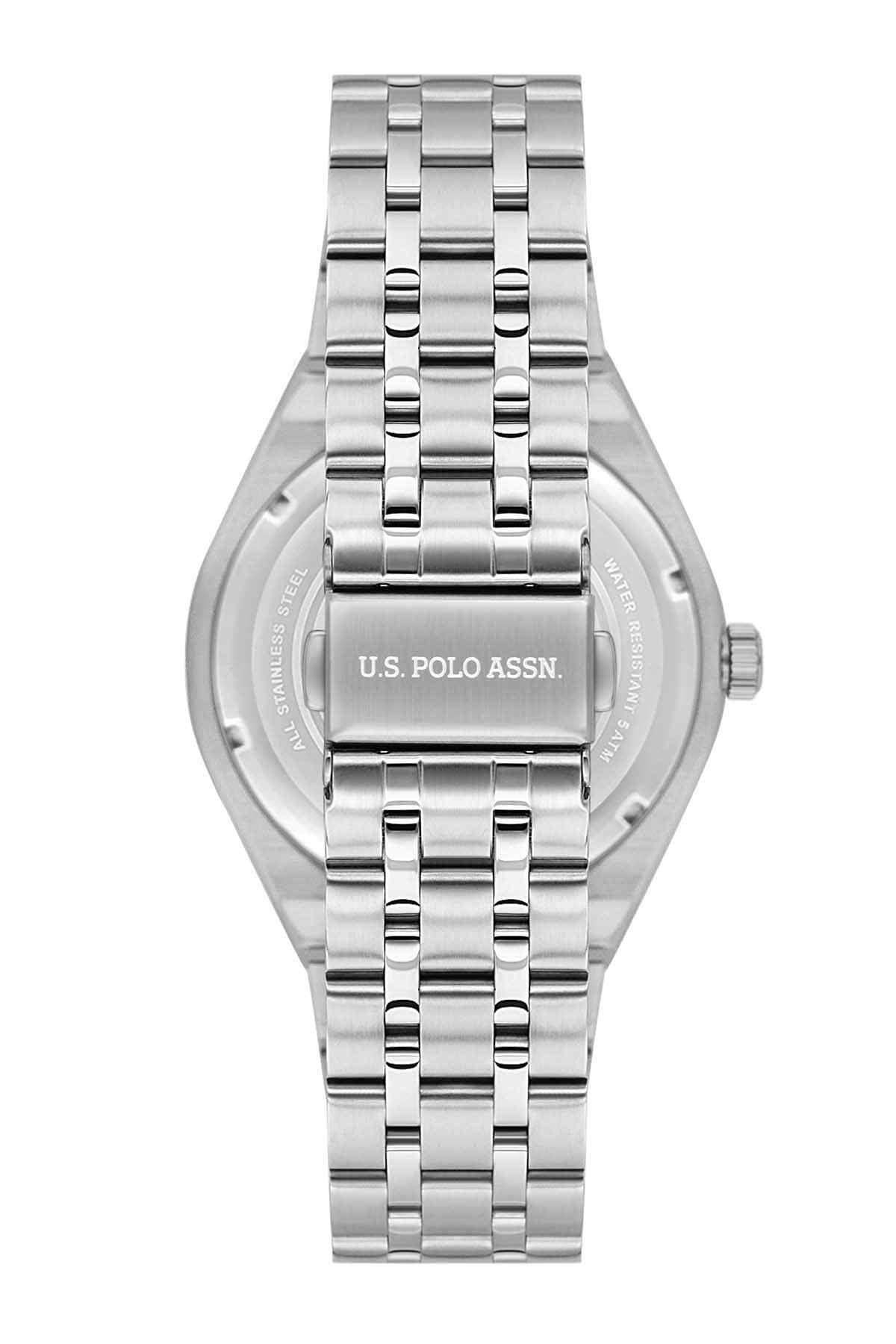Round stainless steel watch with U.S. POLO ASSN logo on caseback and linked bracelet