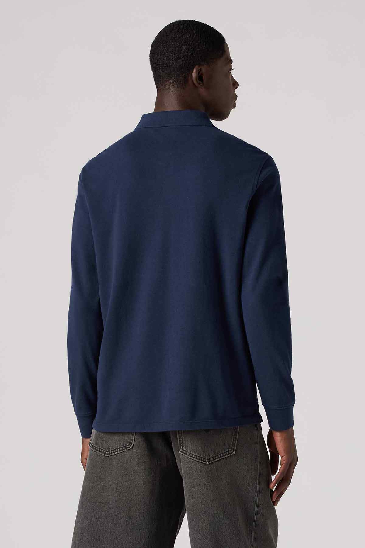 Levi's long-sleeve polo shirt back view, dark blue with full-length sleeves