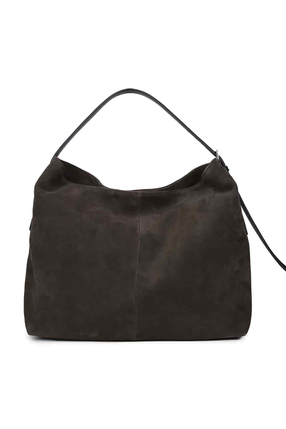 Bitter chocolate slouch hobo bag with short top handles and side zipper detail