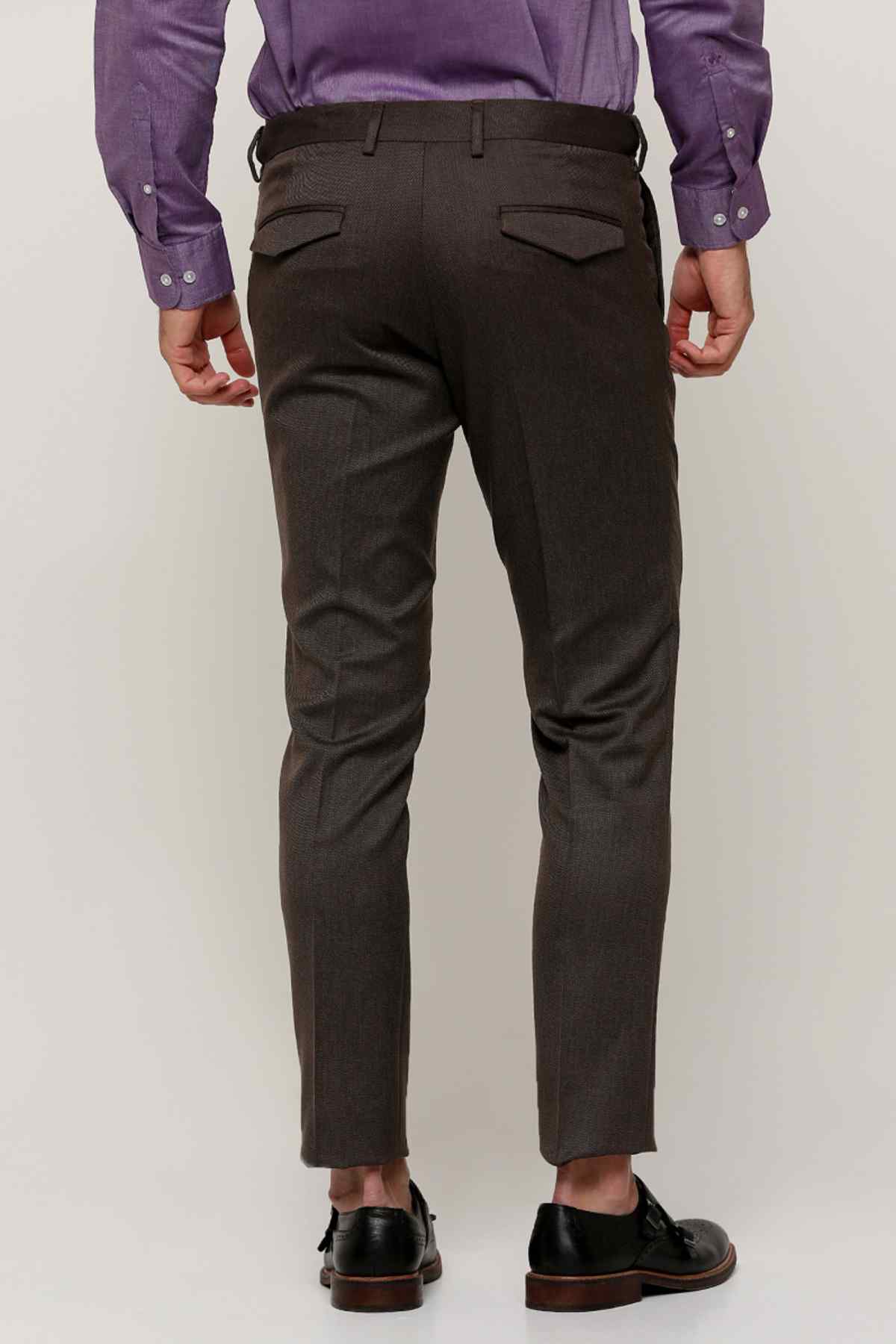 Men's dark brown dress pants with back pockets and cuffed hem