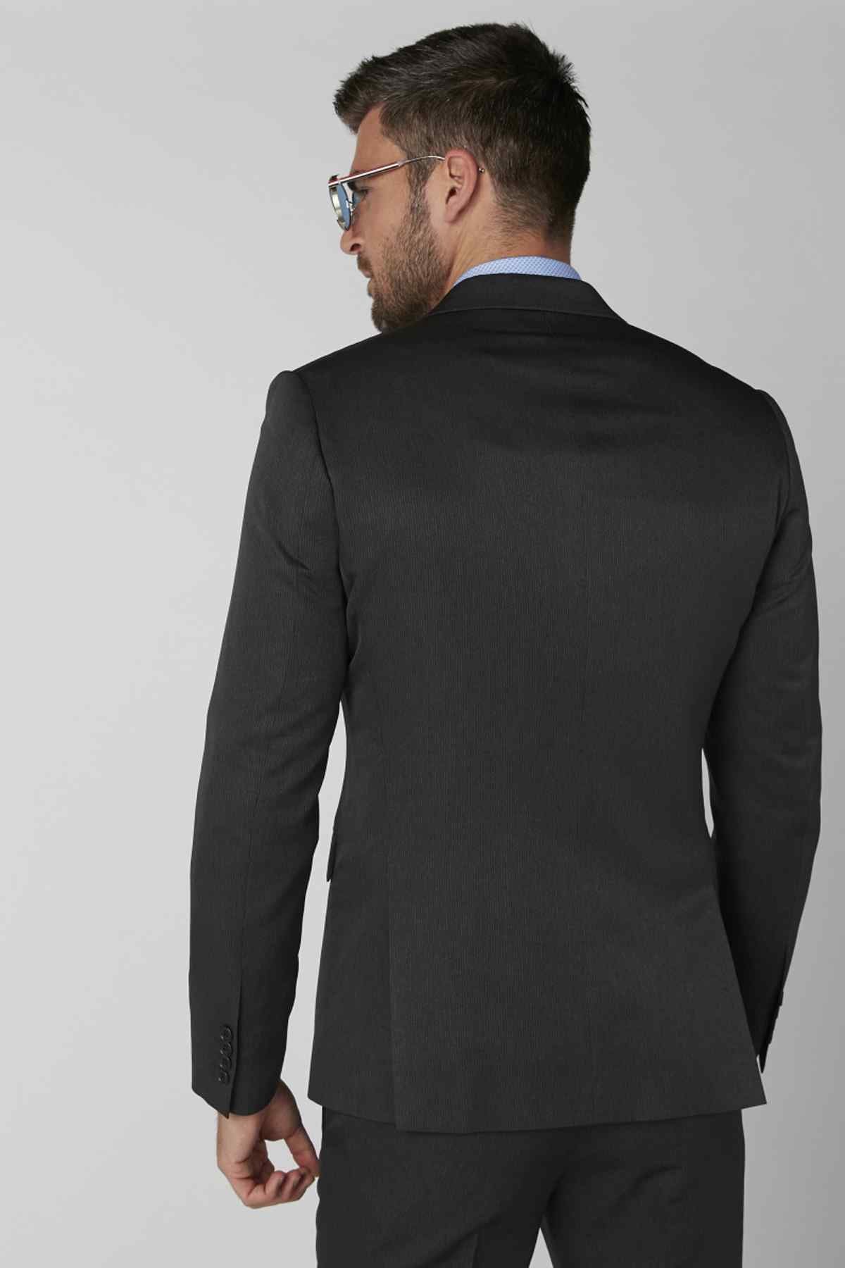 Men's dark suit jacket, back view with shoulder seam and straight hem