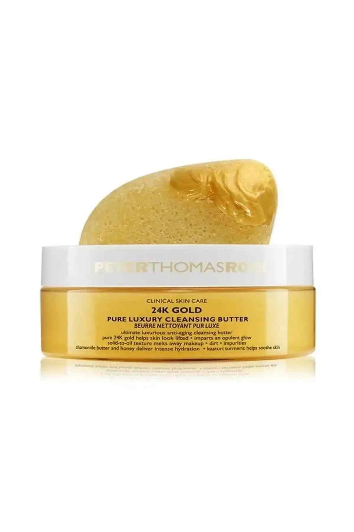 Skincare jar of 24K gold pure luxury cleansing butter in a gold cream container