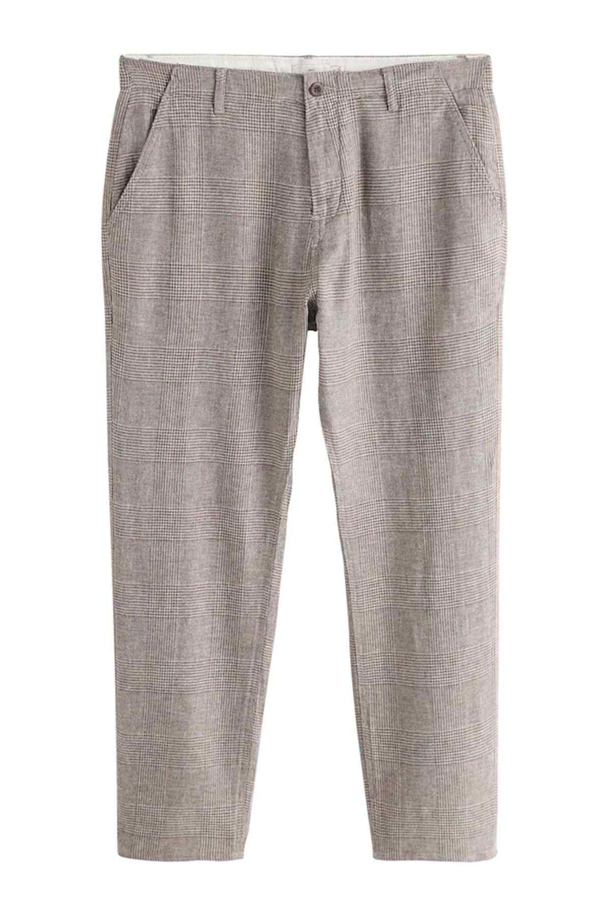 Gray checked trousers, button front, belt loops, straight ankle-length