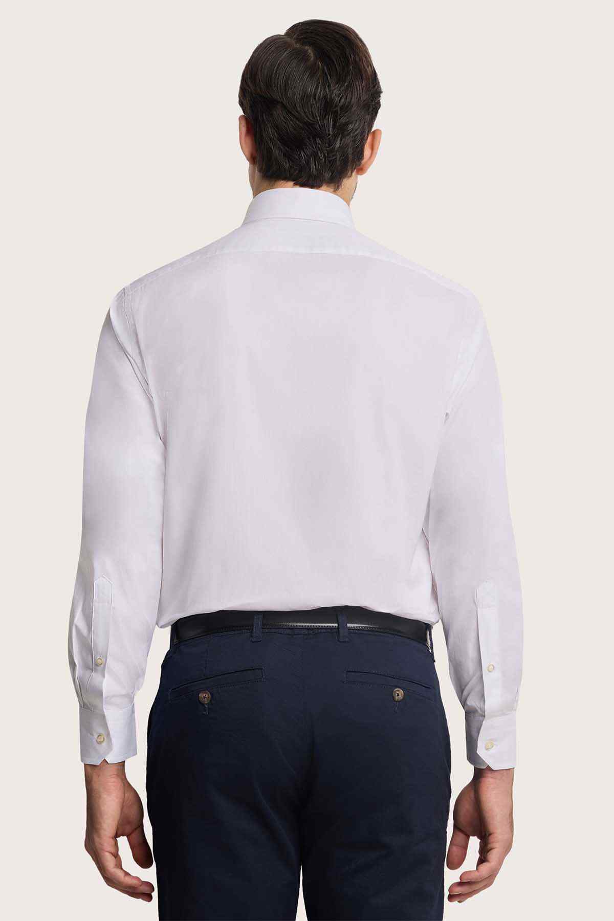 Men's white dress shirt back view with full-length sleeves and buttoned cuffs