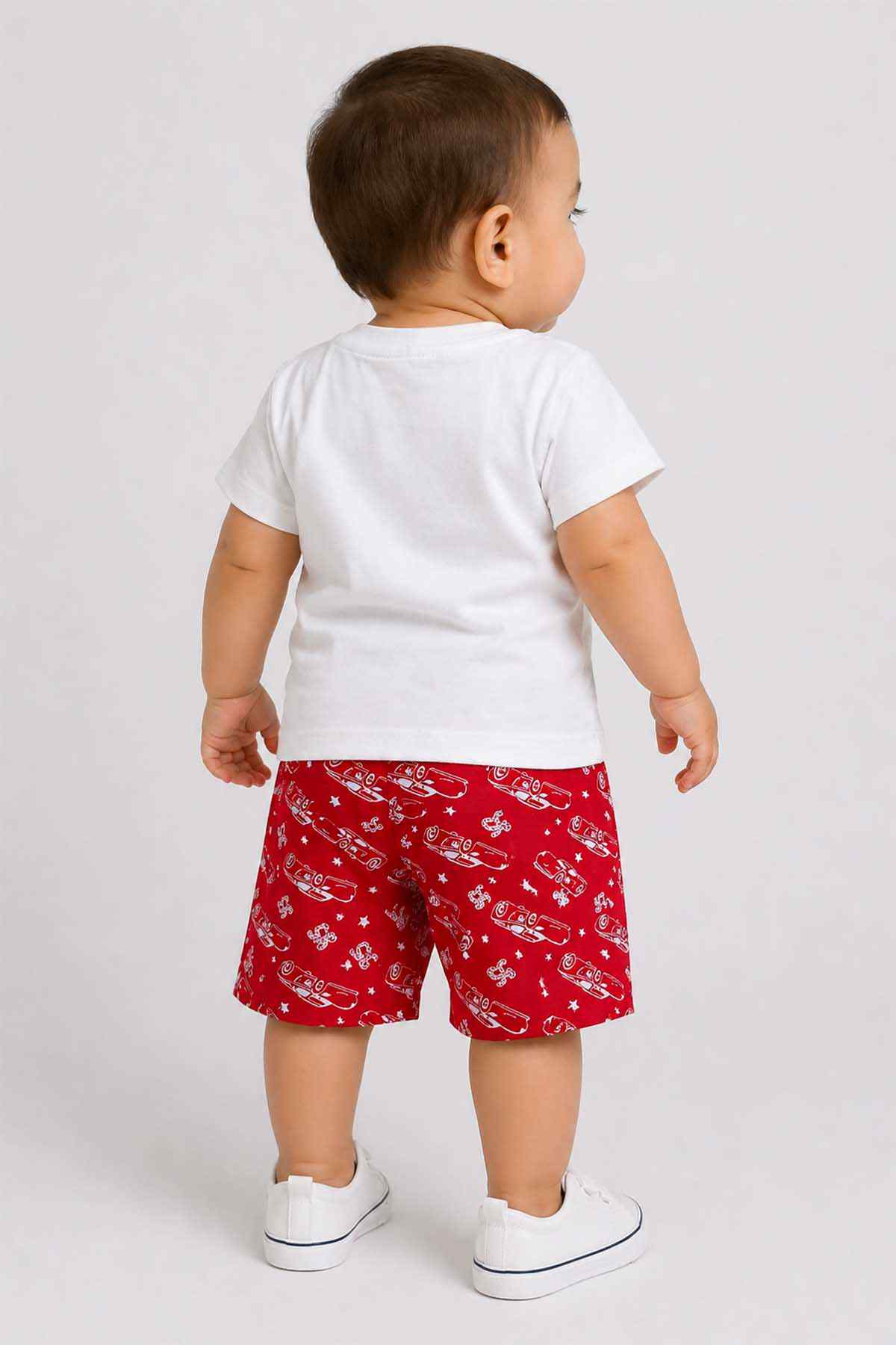 Kids' white plain T-shirt and red character shorts set, side view