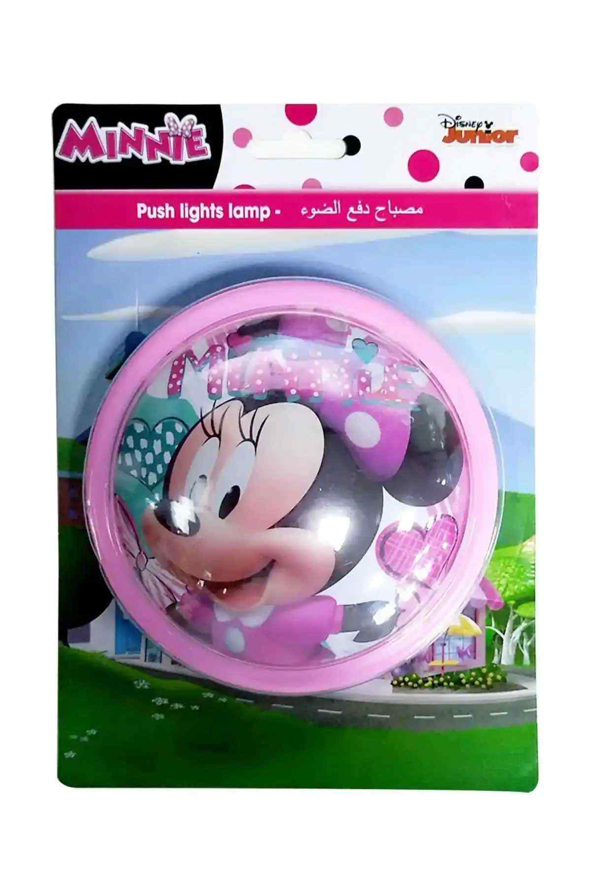 Minnie Mouse push light lamp in blister packaging, round pink-rim globe