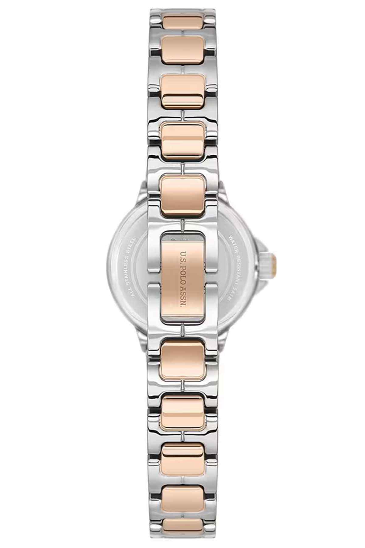 Metallic grey wristwatch with rose-gold link accents and round case