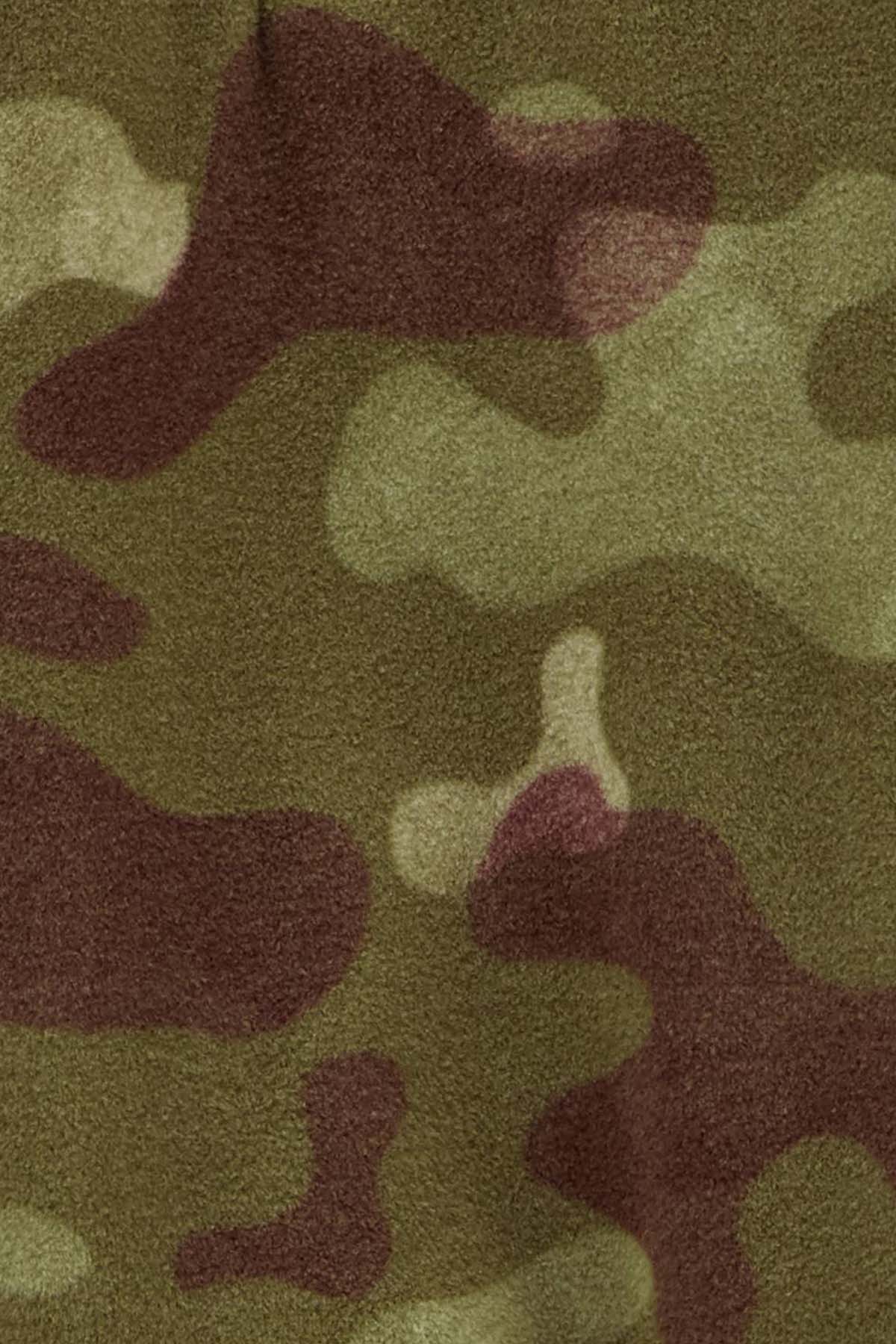 Carter's camouflage fleece fabric close-up in green, tan, and brown