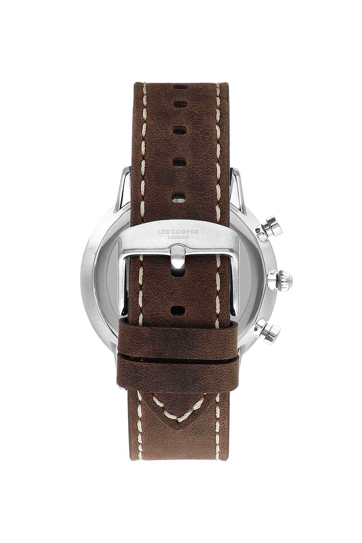 Brown leather strap wristwatch with buckle detail and silver case