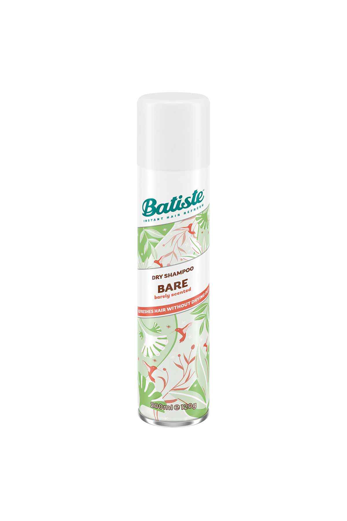 Batiste dry shampoo canister, clear cap with leaf and floral pattern label