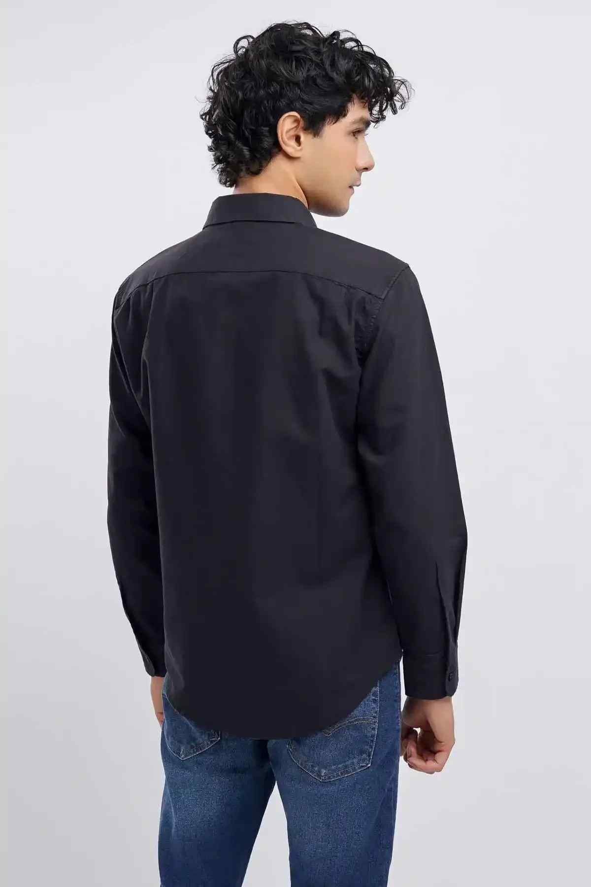 Men's black button-up shirt, back view with long sleeves