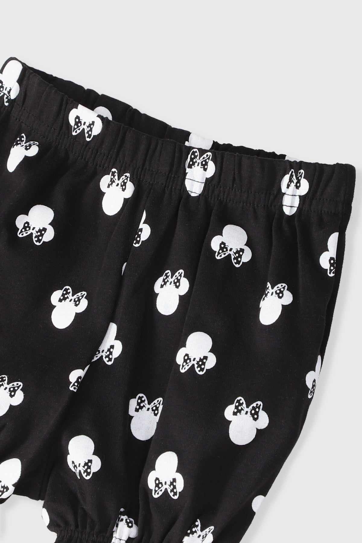 Minnie Mouse shorts: black allover mouse-head pattern with elastic waistband