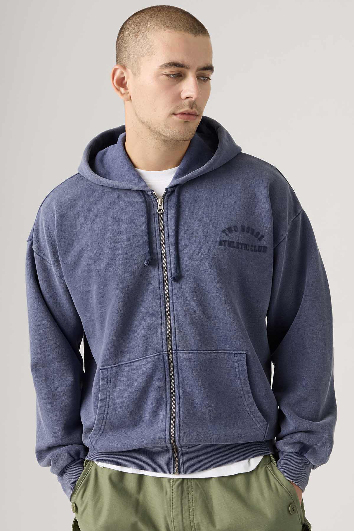 Blue zip-front hoodie with hood, chest logo, kangaroo pocket