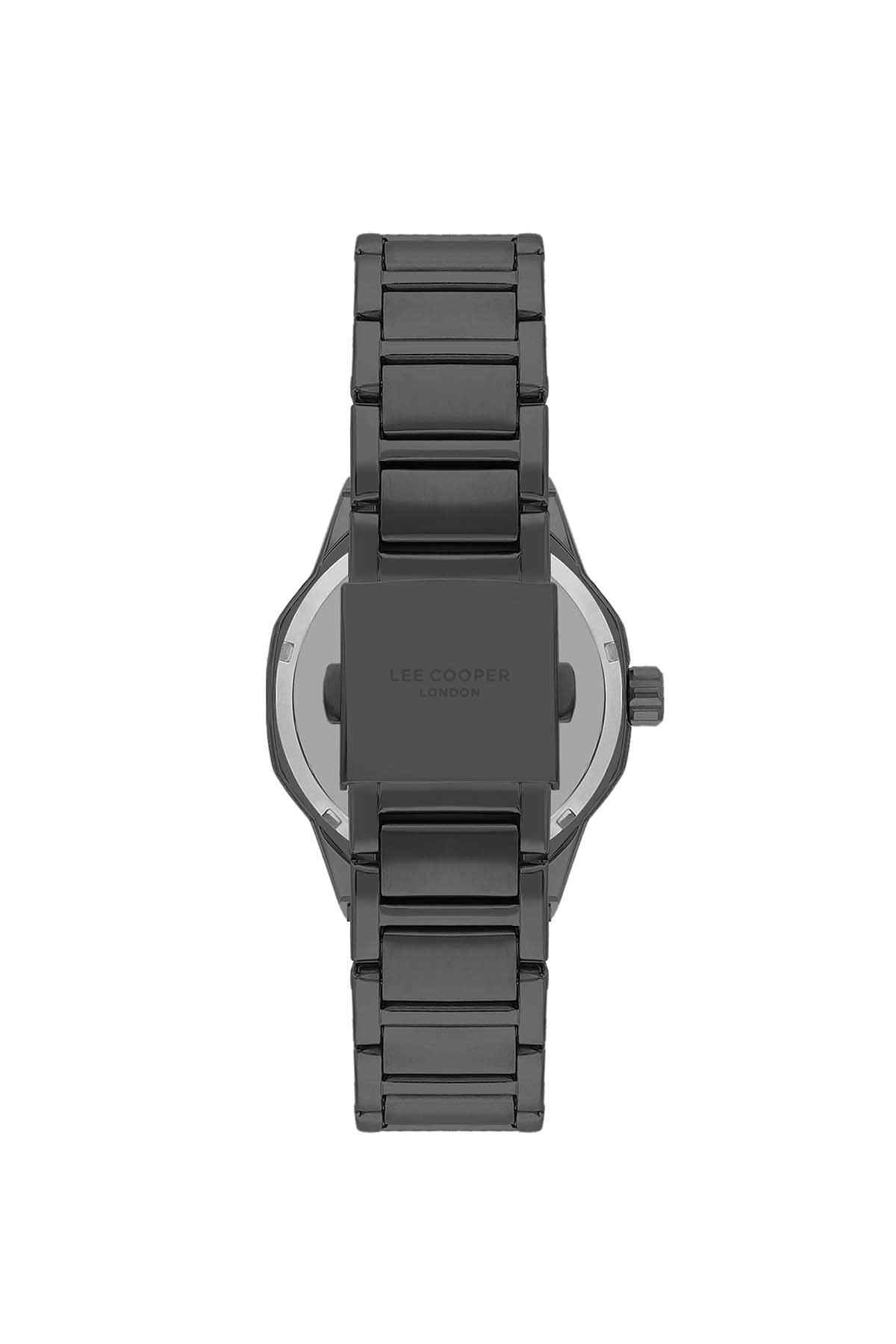 Gun-tone wristwatch with textured bezel, integrated clasp, and dial logo