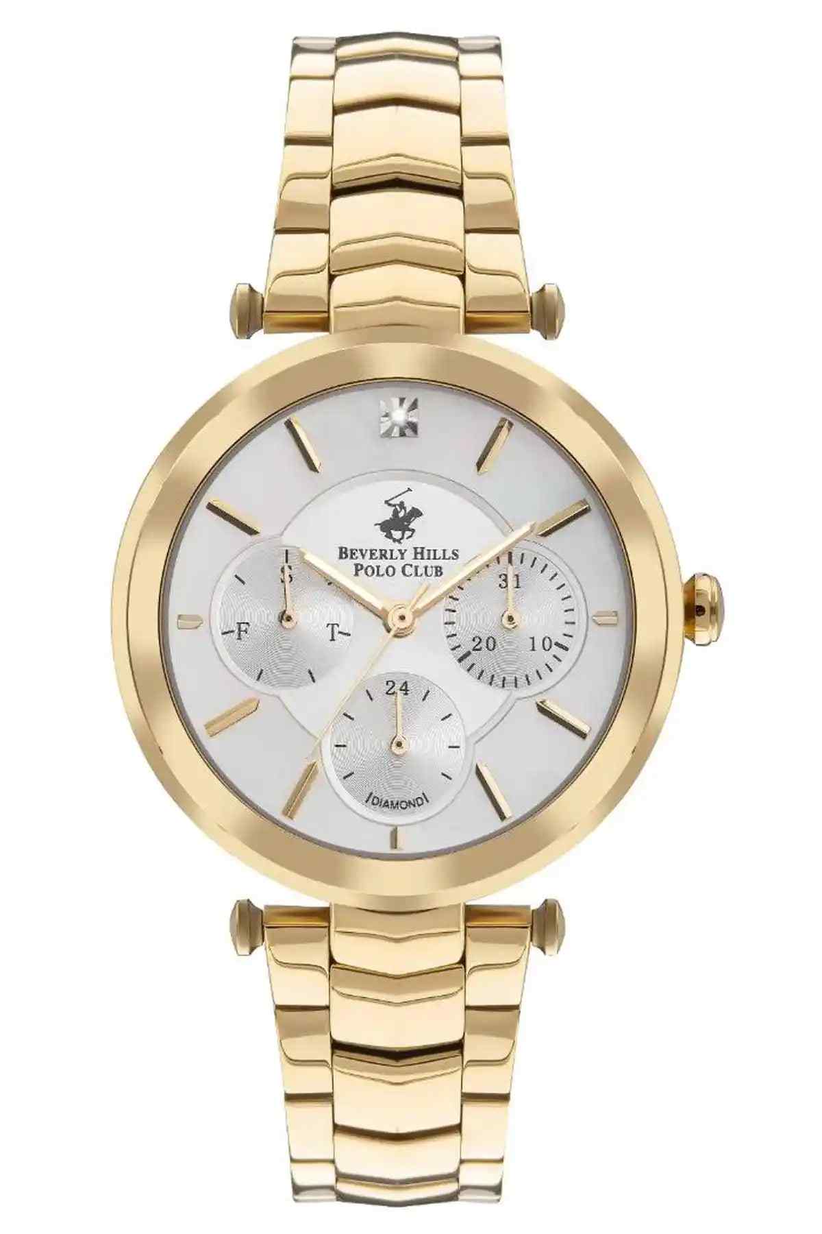 BHPC golden-tone wristwatch with white dial and metal link bracelet