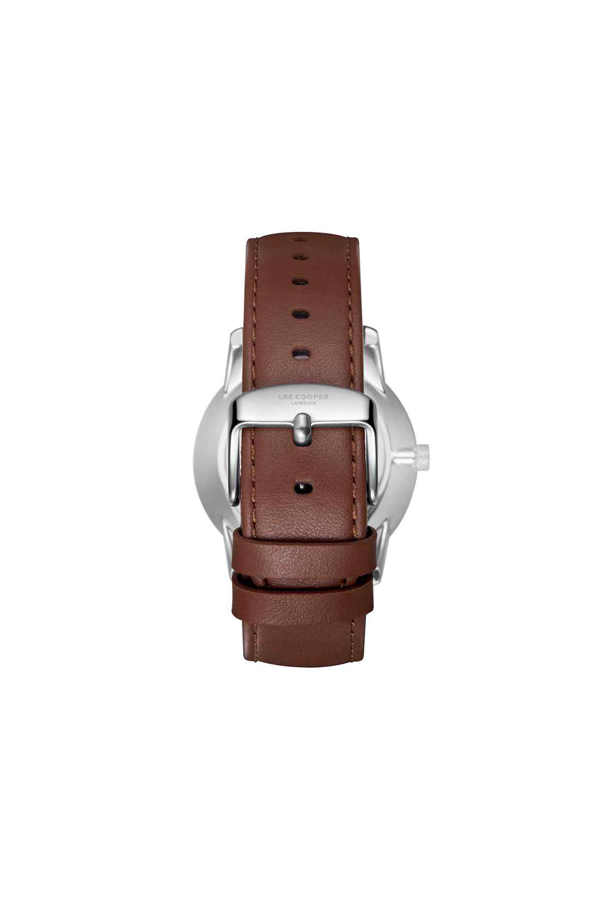 Lee Cooper wristwatch buckle view with brown leather strap and silver clasp