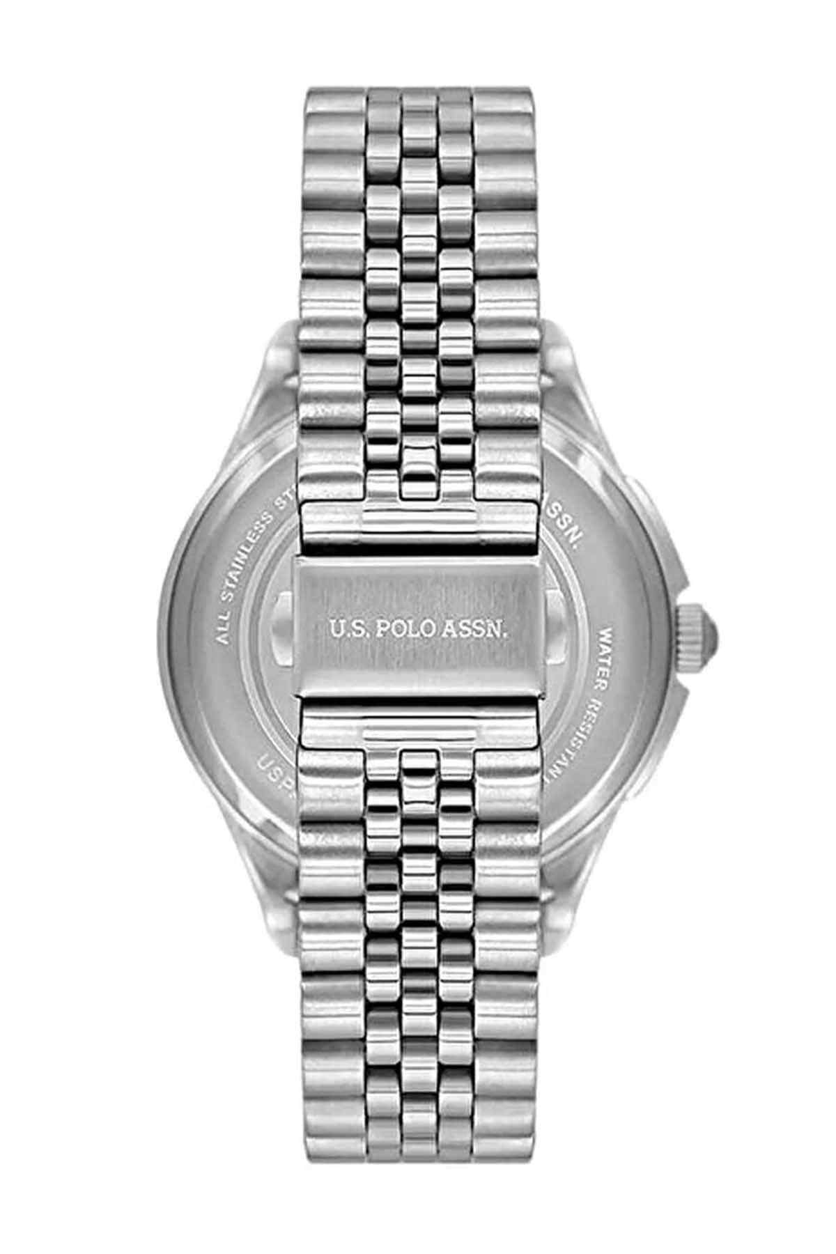 U.S. POLO ASSN wristwatch with silver caseback and engraved dial on metal bracelet
