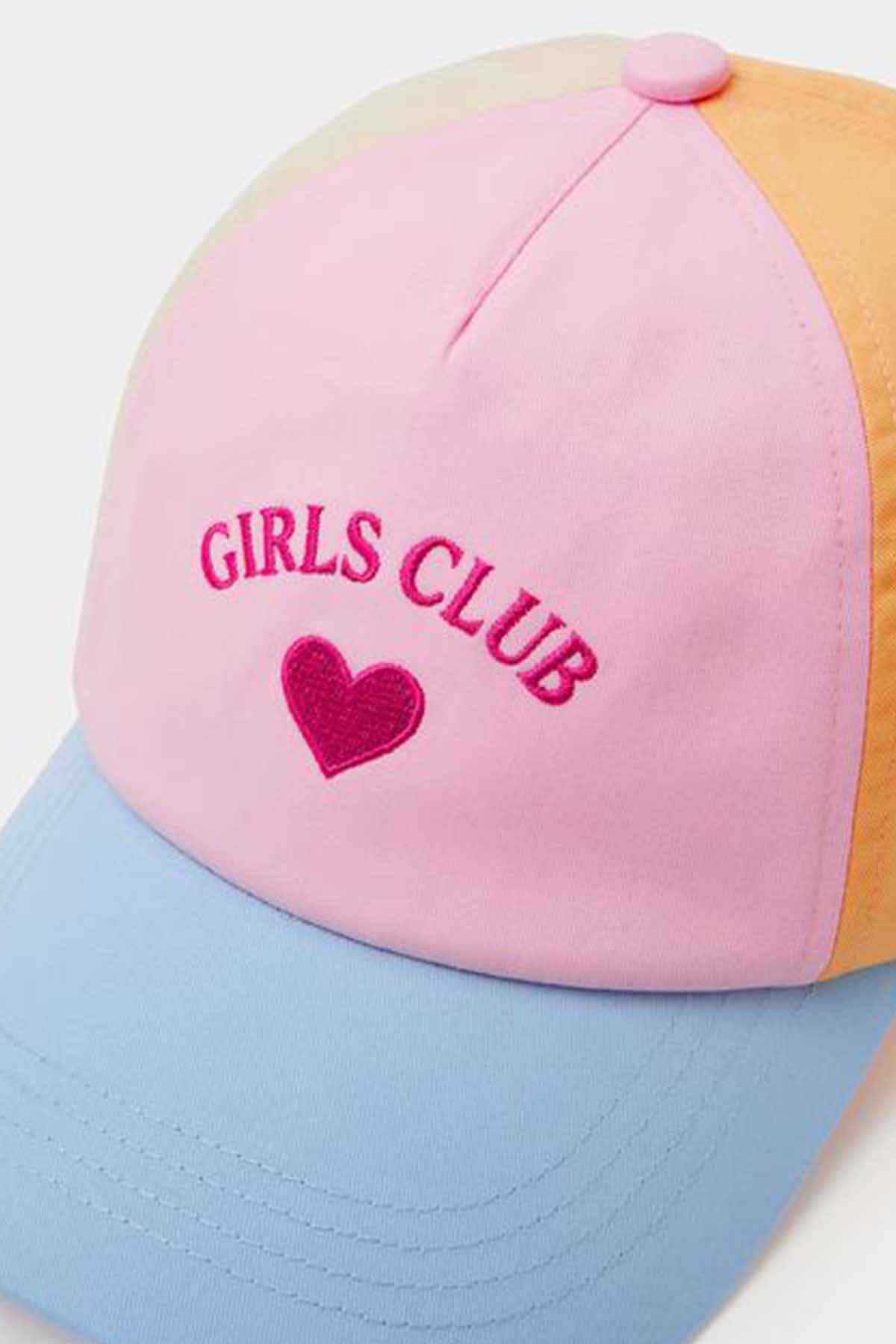 Kids pink baseball cap with Girls Club lettering, red heart emblem, light blue brim