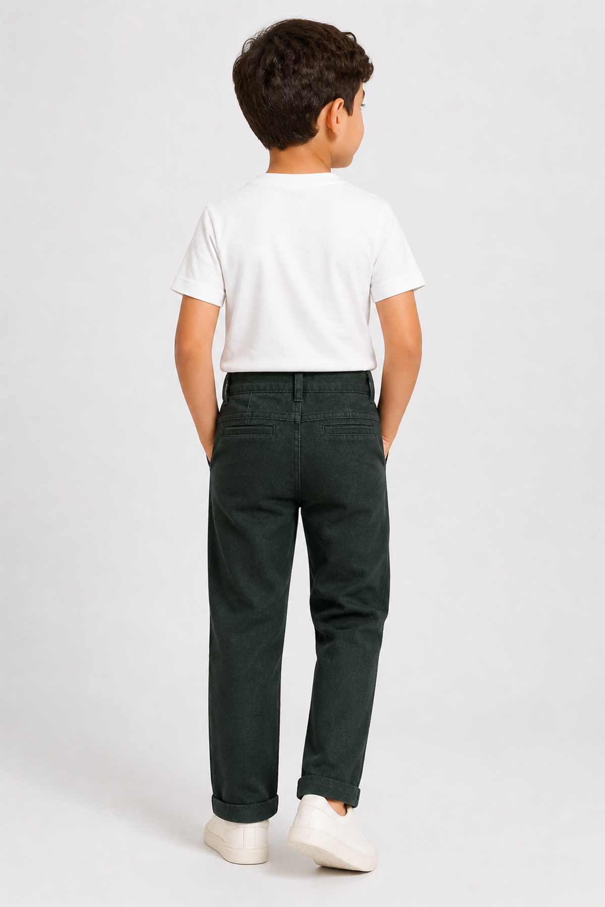 Kids dark green denim jeans with button waistband and front pockets