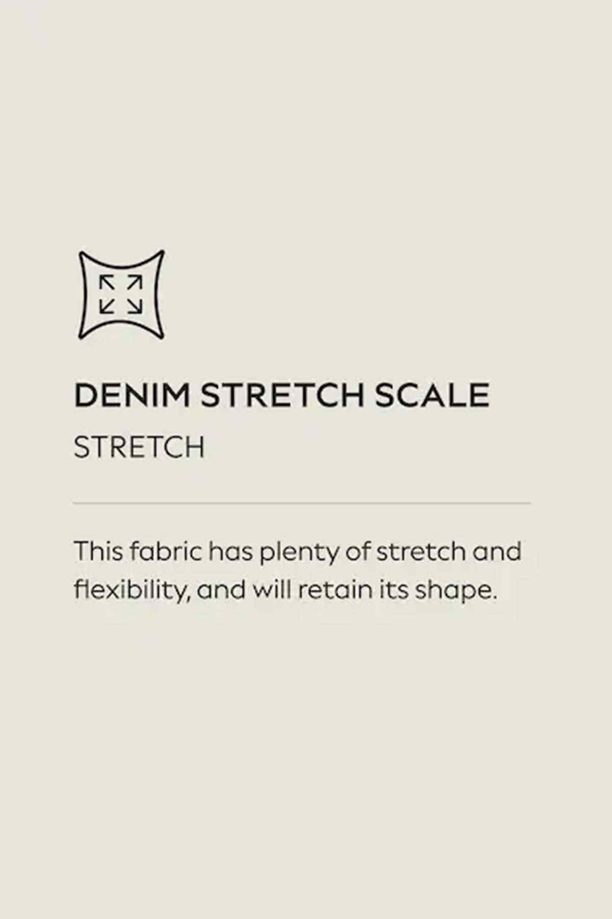 Denim stretch scale fabric card reading 'STRETCH' and describing flexibility