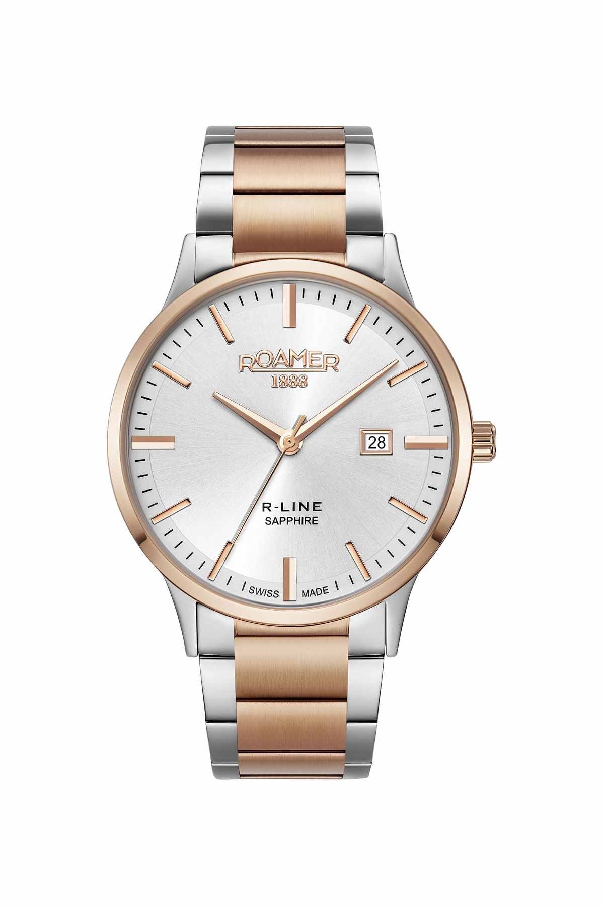 ROAMER two-tone wristwatch, silver bracelet, rose-gold bezel, white dial, date window