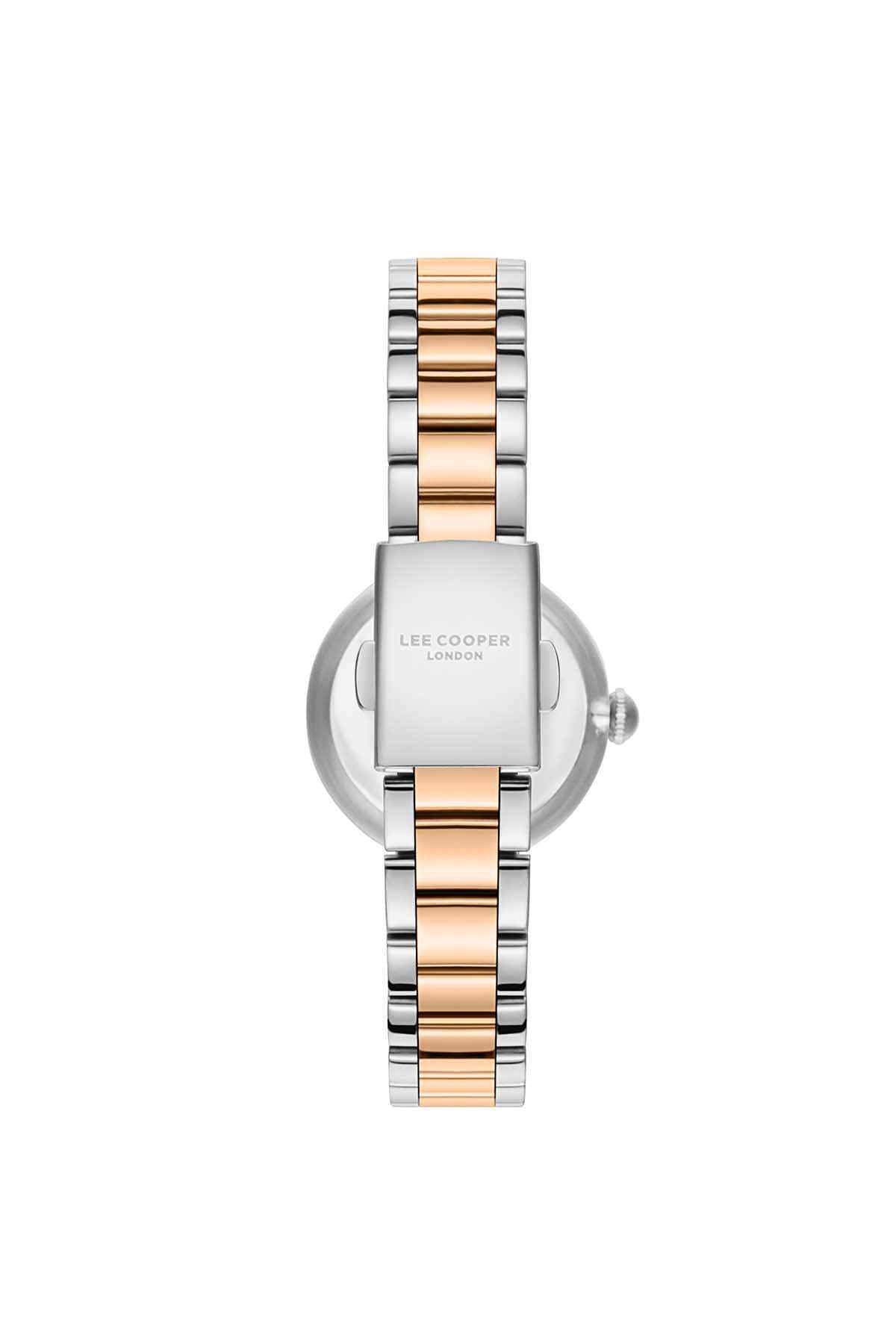 Two-tone watch with navy dial and silver/rose-gold bracelet, logo on caseback