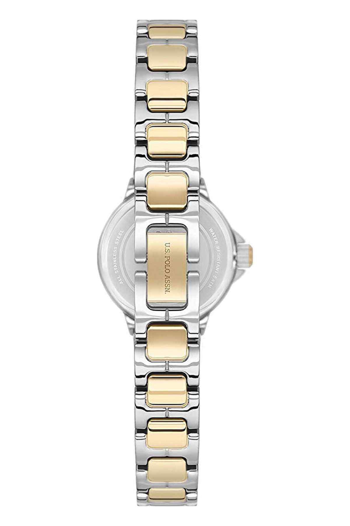 U.S. Polo Assn silver-tone metal watch with gold accents on bracelet and round dial