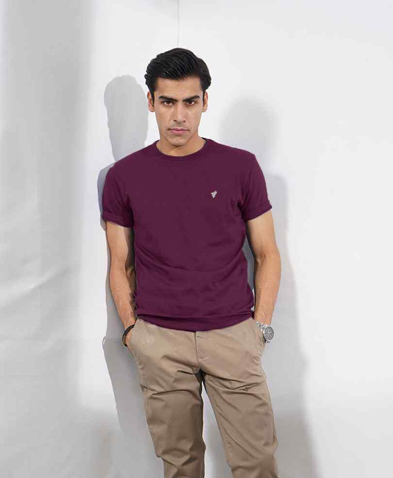 Wine fitted crew-neck t-shirt with small chest logo and short sleeves, front view