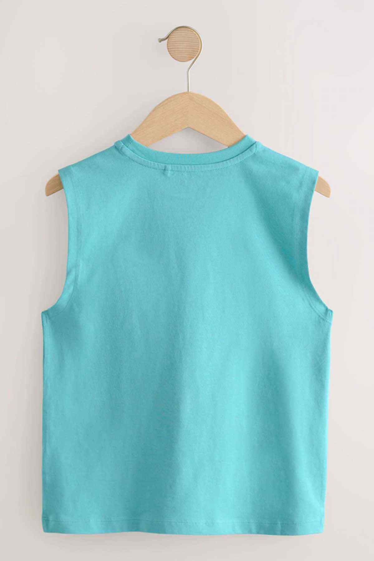 Teal sleeveless tank top on hanger, plain back