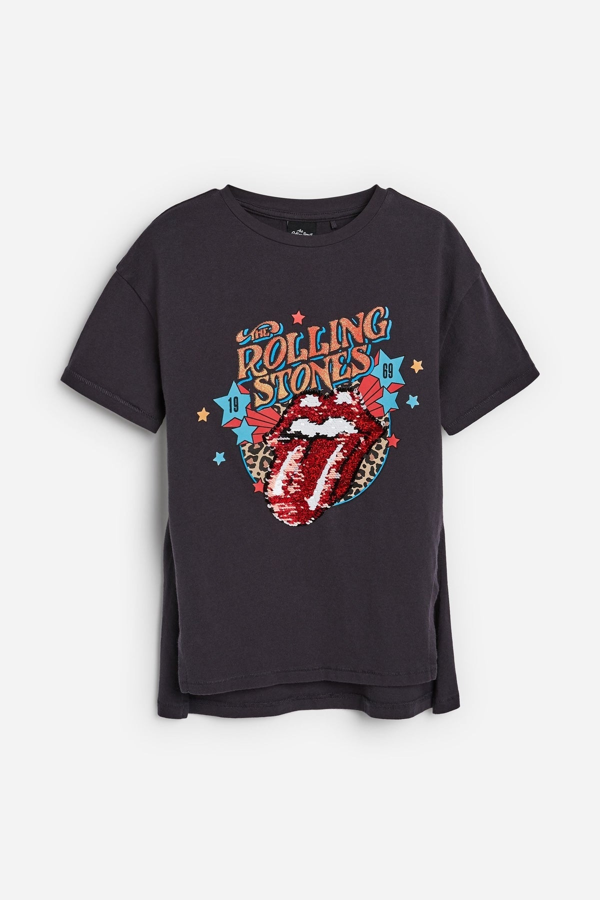 Charcoal Rolling Stones graphic T-shirt with colorful lips mouth print