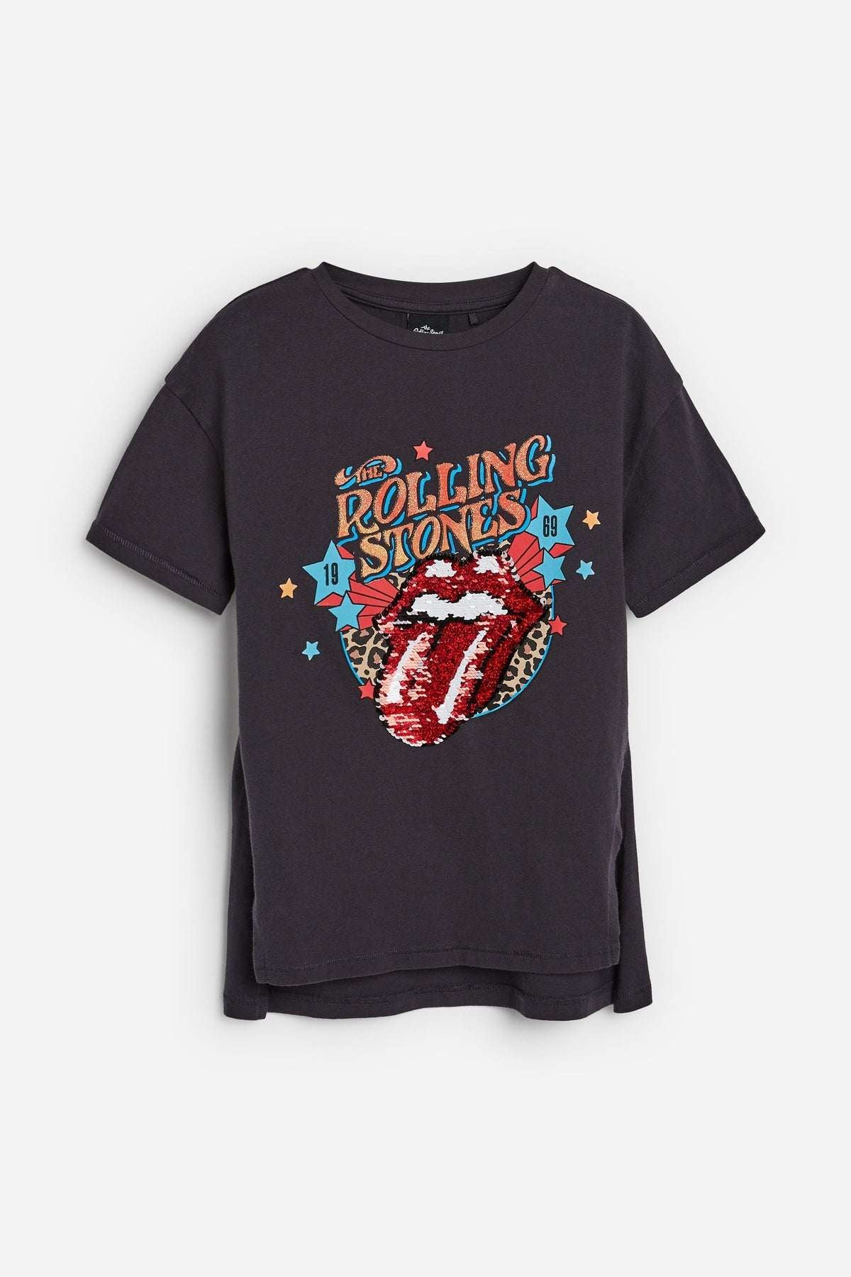 Charcoal Rolling Stones graphic T-shirt with colorful lips mouth print