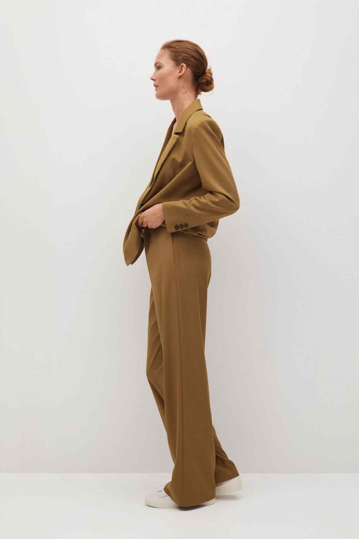 Women’s medium-brown blazer and wide-leg trousers set, cuff buttons and side seams