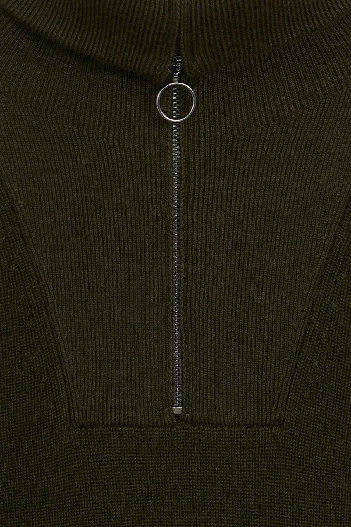 MANGO khaki ribbed knit half-zip front with metal zipper pull