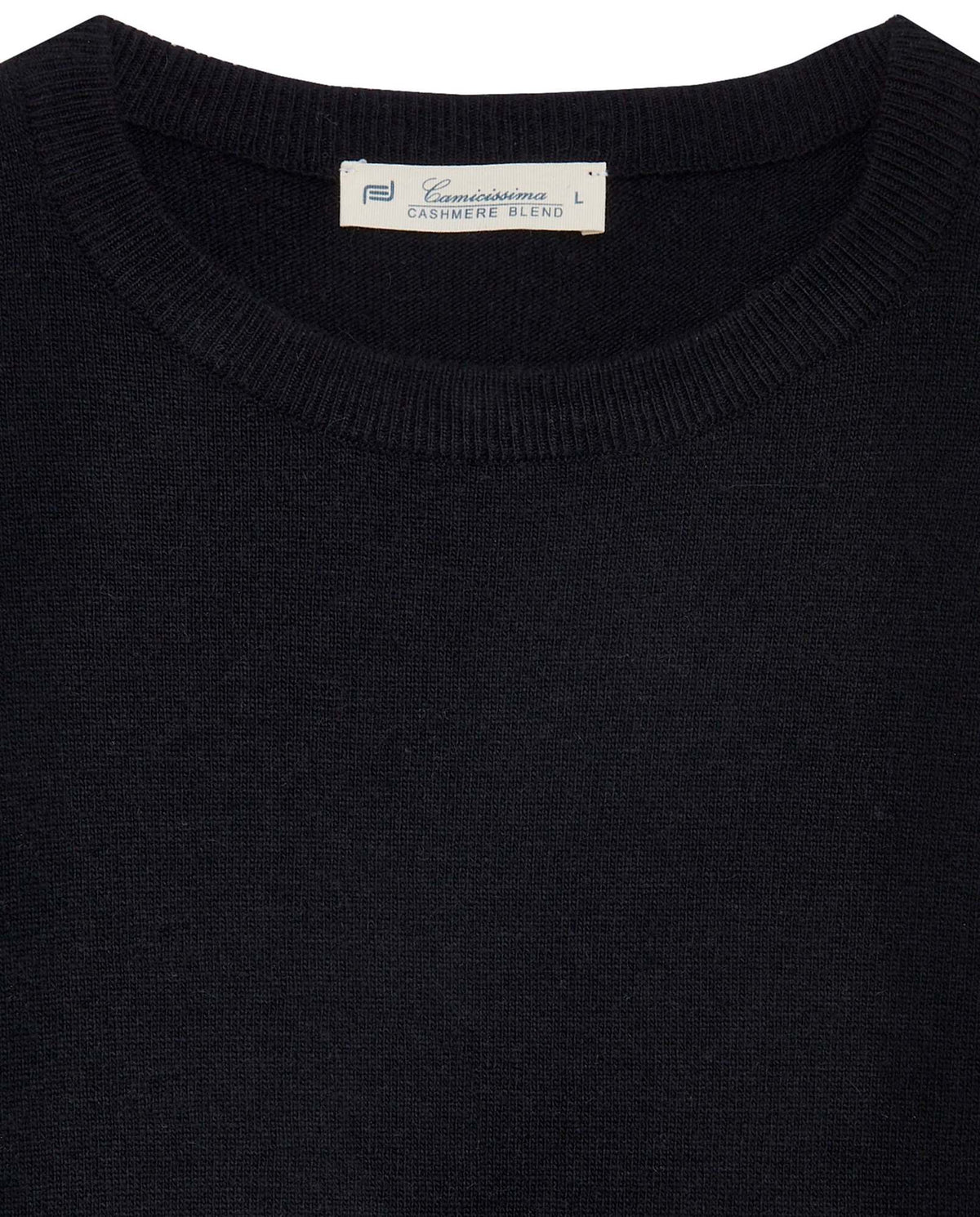 Black knit crewneck sweater close-up of ribbed collar and neckline