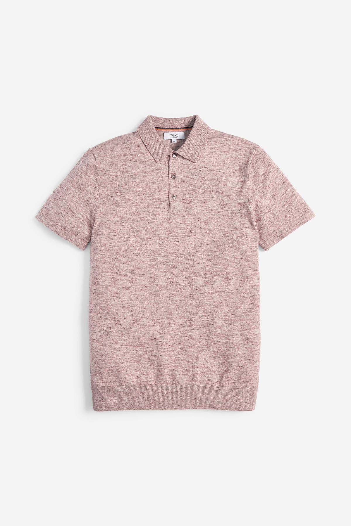 Pink marled polo shirt with short sleeves and button placket