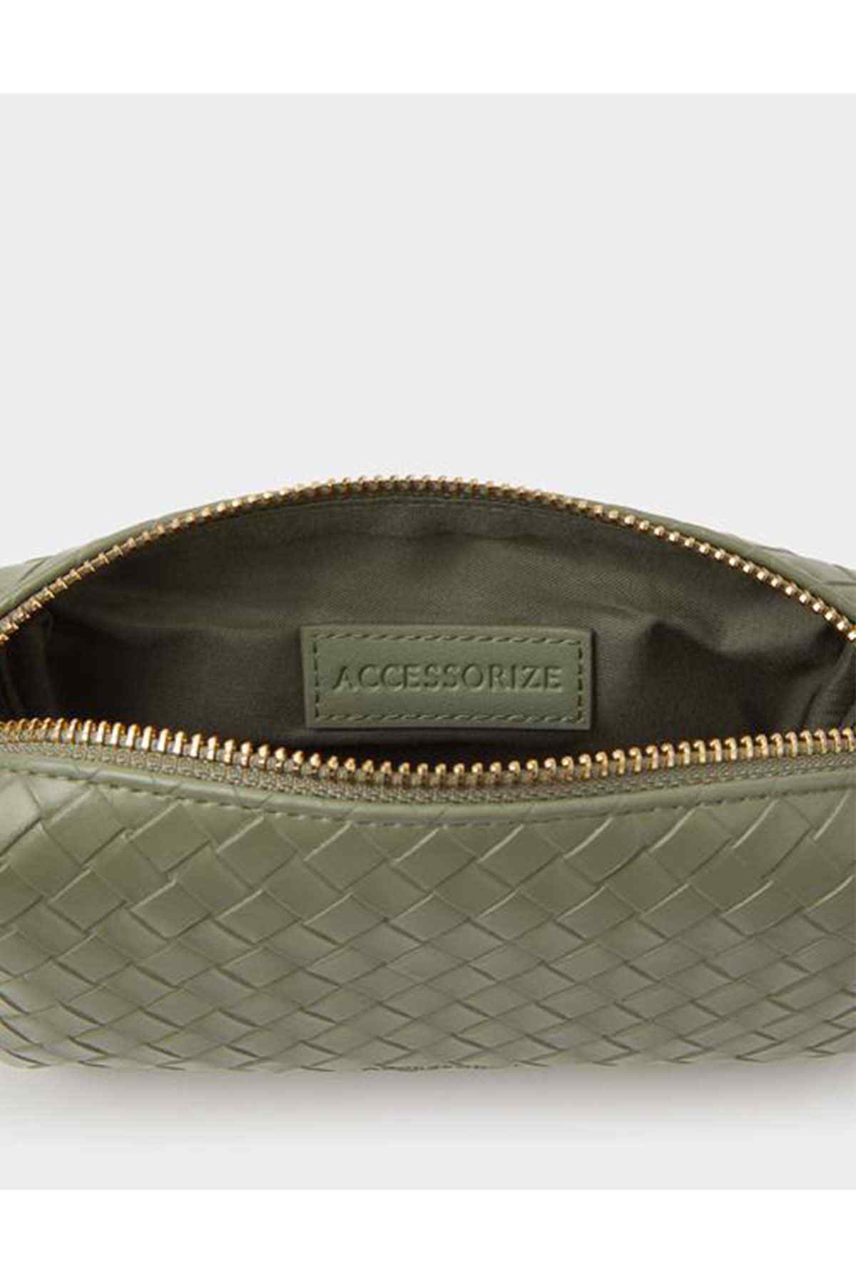 Khaki quilted pouch interior with ACCESSORIZE logo and gold zipper
