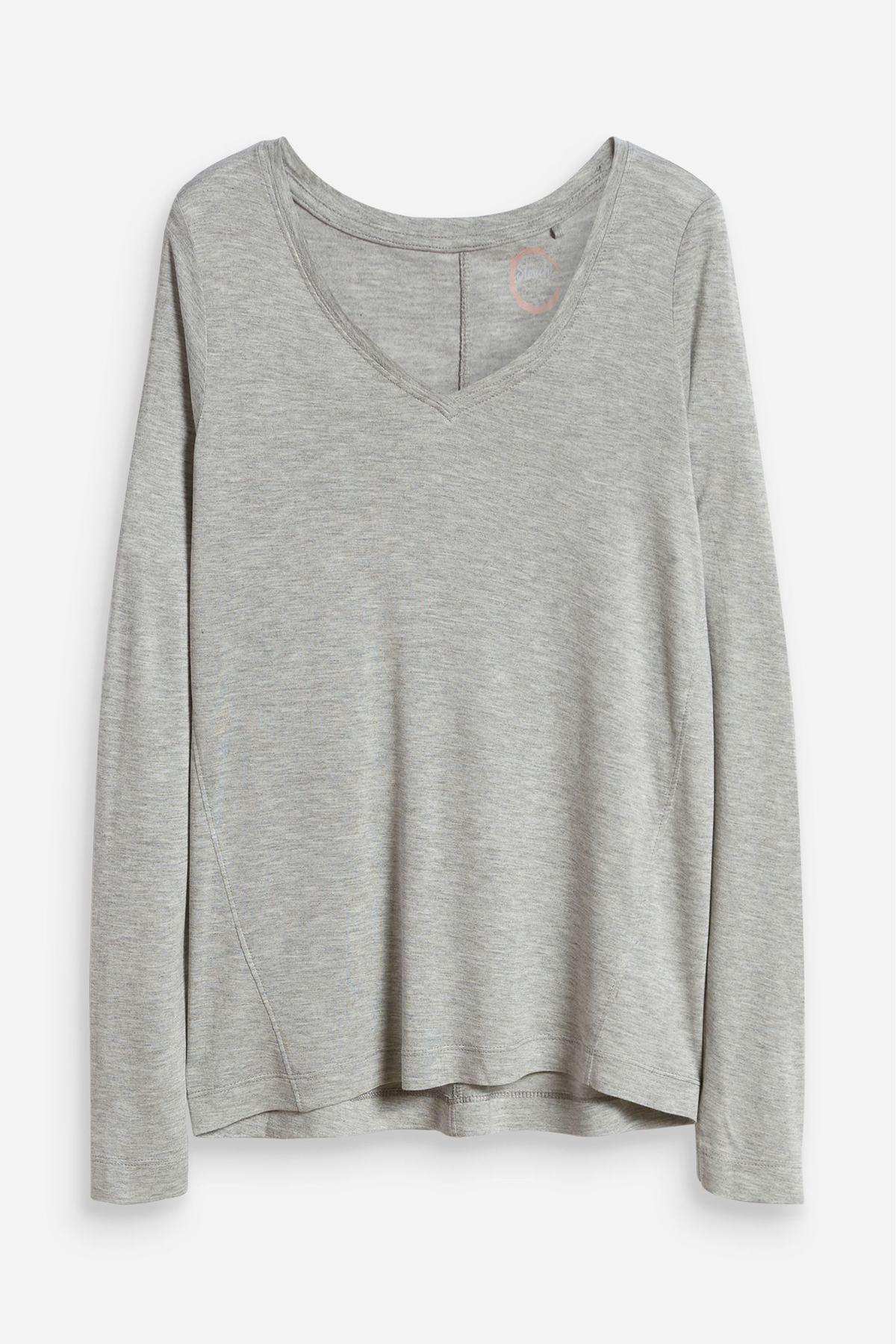 Grey long-sleeve top with V-neck and curved hem