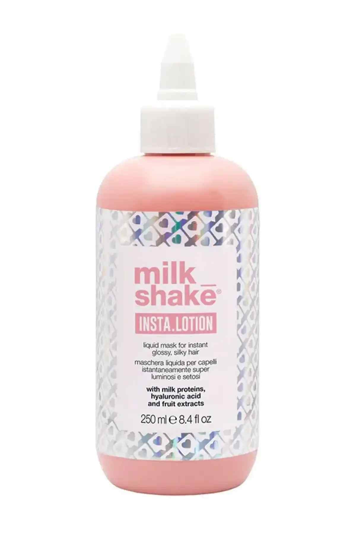 Milk Shake Insta-Lotion massage lotion, pink bottle with white cap and patterned label, 250 ml