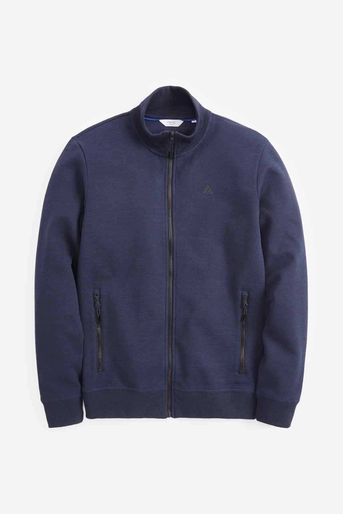 Navy zip-up sweatshirt with full zipper, stand collar, and two side pockets