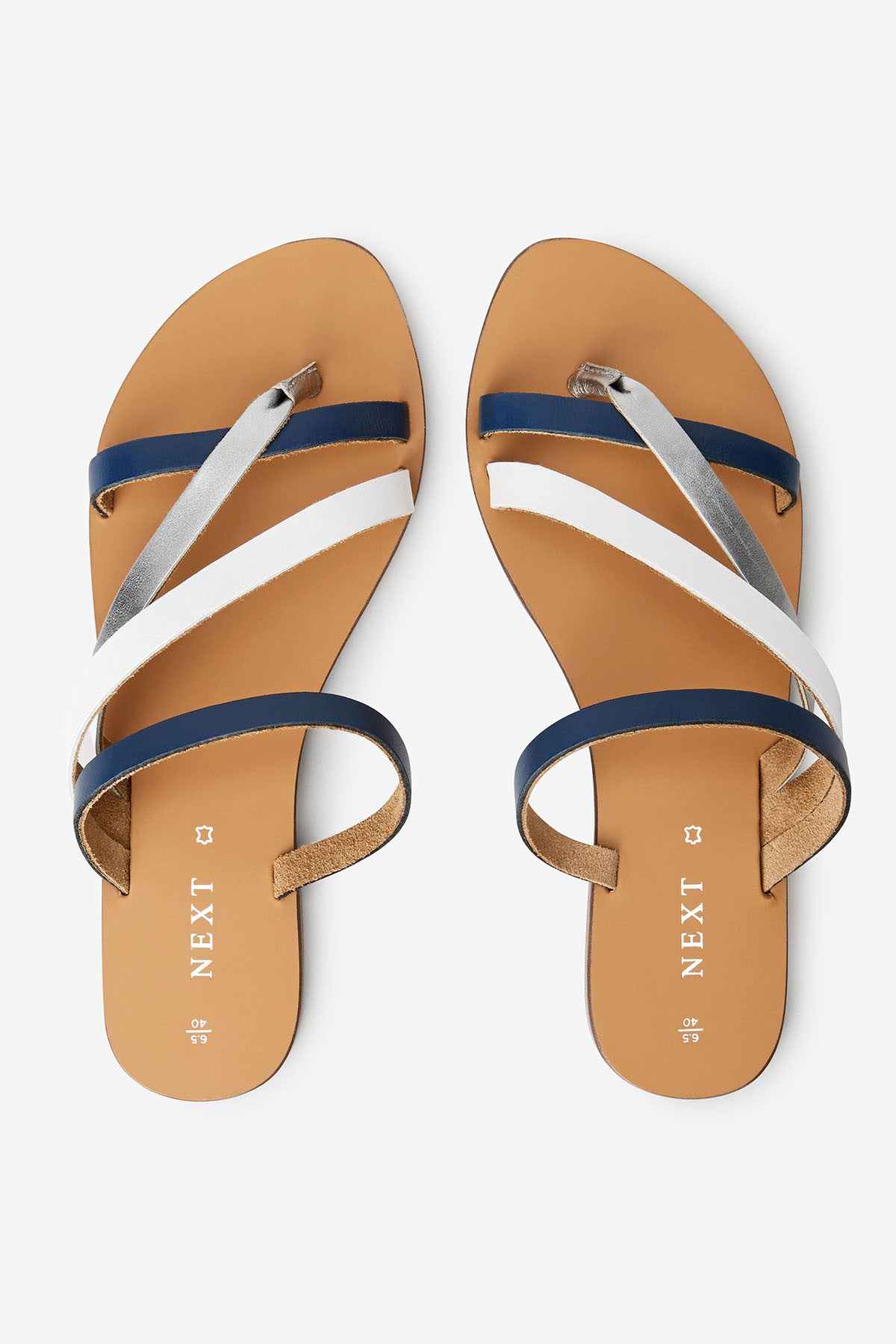 Navy and white thong sandals with NEXT logo on tan footbed