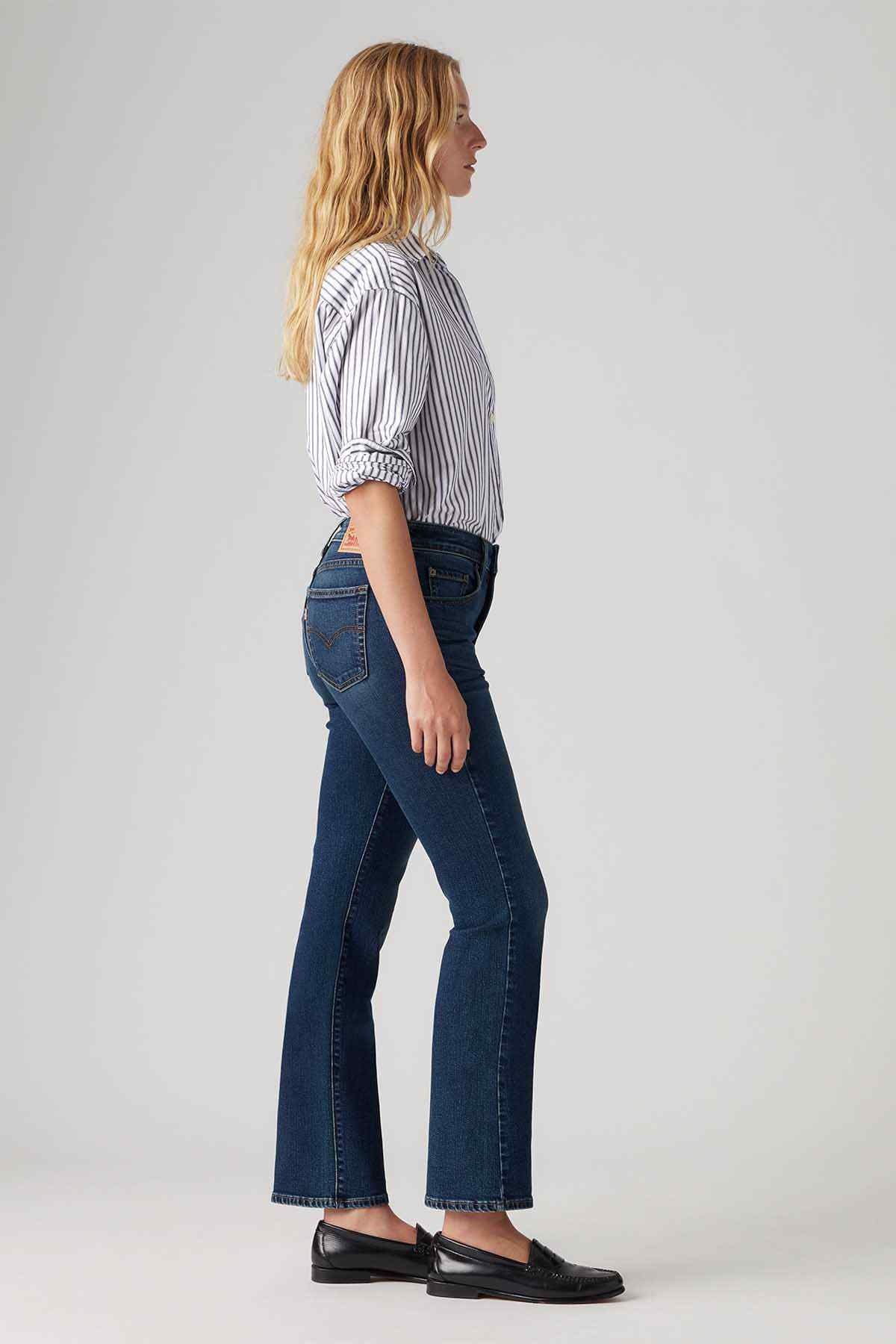 Dark indigo straight-leg jeans with five-pocket styling and belt loops